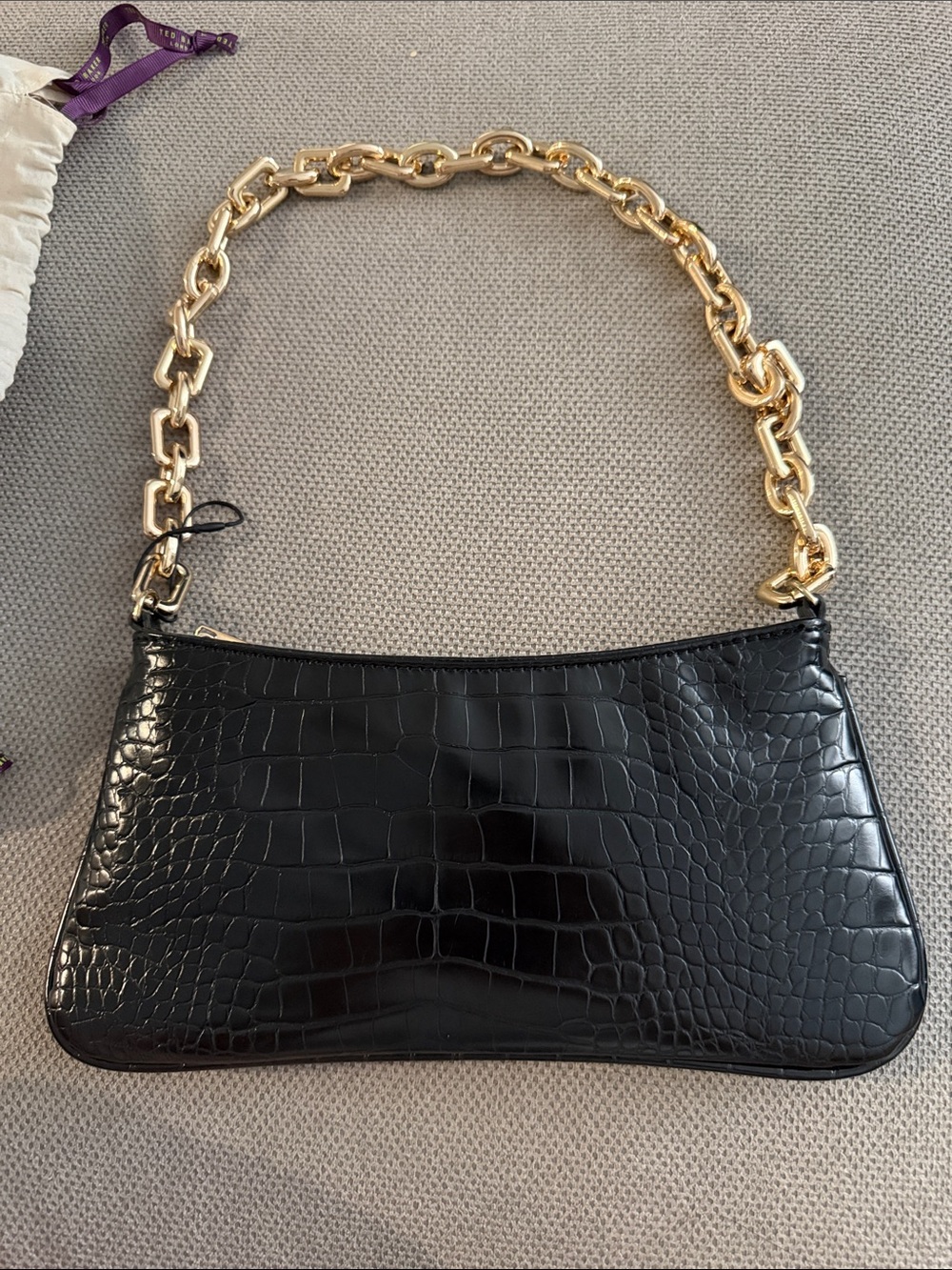 Zara Black Croc-Embossed Shoulder Bag with Gold Chain Strap